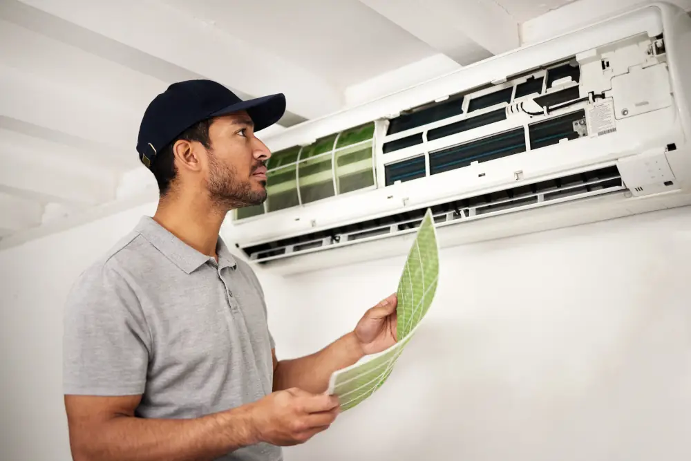 Deciphering the Code: A Comprehensive Guide to Understanding AC Error Codes in Oakville - Man looking at a repair chart while looking up at an open ductless ac unit.